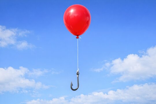 A red balloon with a hook attached, ready for lifting or decorating