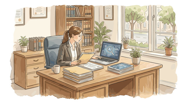Lawyer working with AI technology on laptop in office with legal books