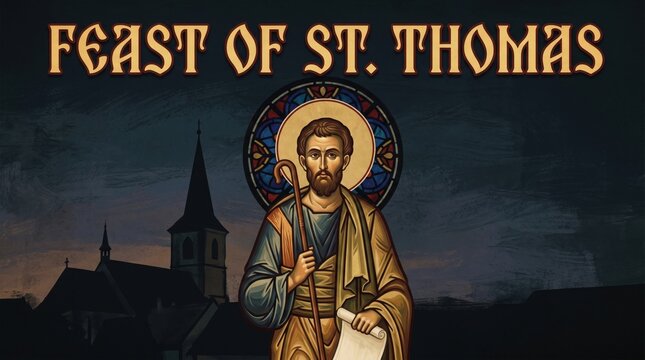 Saint Thomas apostle illustration with halo standing before church at dusk during feast celebration