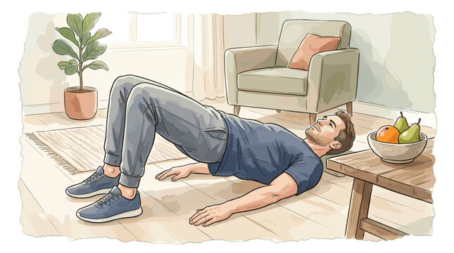 Man performing glute bridges on wooden floor in living room near fruit, soft watercolor vector illustration, delicate hand-drawn