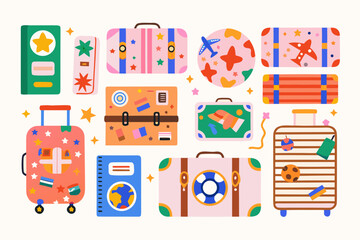 colorful suitcase set flat vector illustration with travel themed designs © Sanjoy