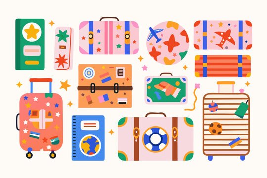 colorful suitcase set flat vector illustration with travel themed designs