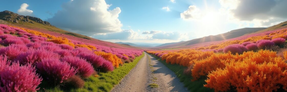 Brightly colored heather and gorse bushes cover rolling hillsides, with a dirt path leading through the vibrant landscape under a clear sky. This scene highlights the beauty of untouched nature.