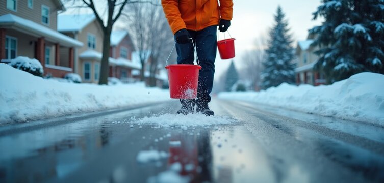 Person scatters salt on icy street, preventing slips on snowy day. Red buckets hold de-icing mix. Sidewalks show thick snowdrifts, houses line quiet neighborhood street.