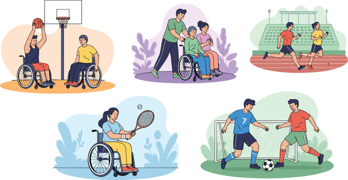 Adaptive Sports and Inclusive Activities Collection Featuring Wheelchair Basketball, Tennis, Running and Soccer Flat Vector Illustration Set