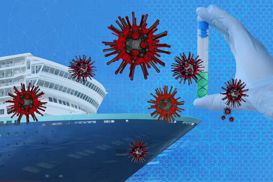 cruise ship, virus outbreak illustration, laboratory sample tube, pandemic travel risk, infectious disease spread, quarantine concept, healthcare warning, tourism crisis
