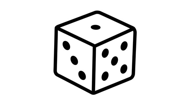 Simple black and white line art illustration of a single six-sided die showing three faces in perspective on a white background.