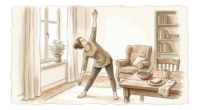Woman practicing yoga triangle pose in a cozy living room with breakfast on table