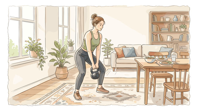 Person performing kettlebell swings in bright open plan living room near meal, soft watercolor vector illustration, delicate