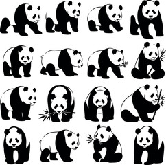 Obraz premium Giant panda silhouettes, vector collection of pandas in various poses eating