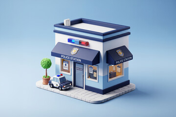 3D isometric police station building with patrol car and siren lights © 𝙈𝙧. 𝙈𝙀𝙎𝘼