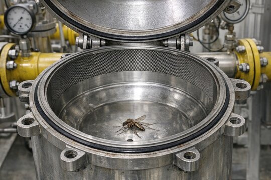 A fly sits on the top of a metal container