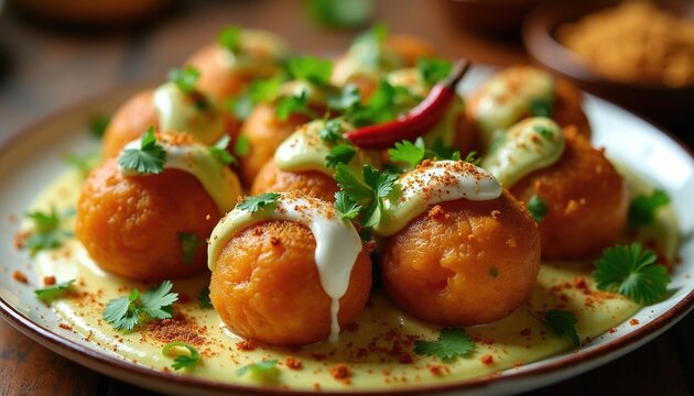 Indian street food dahi bhalla, lentil fritters soaked in yogurt sauce. Garnished with tamarind chutney mint sauce spices cilantro green chili. Delicious snack meal.