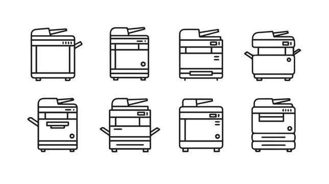 Row of clean line art photocopiers on white background representing office equipment and technology