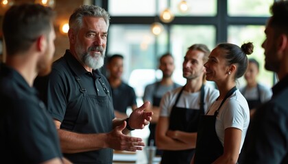 Fototapeta na wymiar Manager speaks with restaurant staff during team meeting. Employees listen intently as he guides them on service. They are wearing aprons and appear engaged in pre-shift briefing or training session.