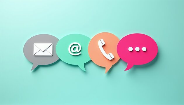 Colorful speech bubbles show icons for email phone chat, more communication methods. Digital symbols represent connection, conversation for modern business interactions. This graphic offers options.