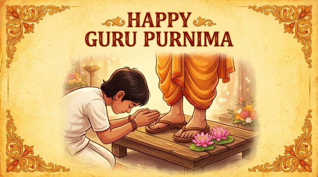 Boy touching gurus feet on wooden platform
