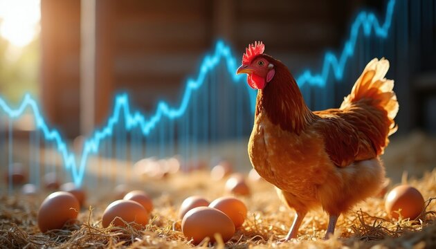 A chicken stands near eggs in a barn. A blue graph overlay indicates trends in agriculture. Focus on farm business economics, poultry production, and market growth analysis.