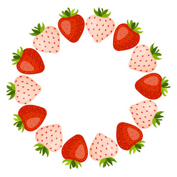 Strawberry Pineberry wreath circle frame. Round frame made of red and pink strawberries in flat vector style isolated illustration. for summer designs, greeting cards, invitations, food packaging