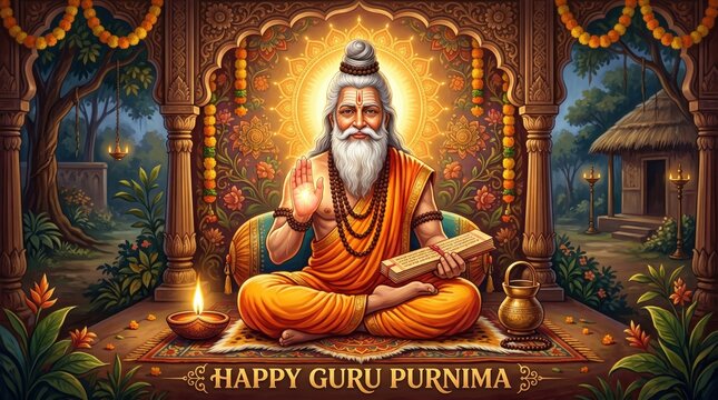 Elderly guru meditating under golden light during Guru Purnima celebration in traditional setting