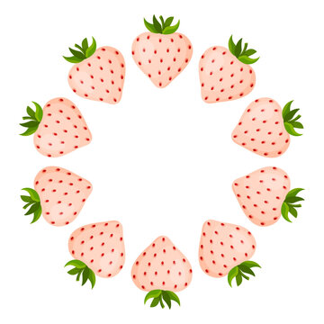 Pineberry fruit wreath frame. Round frame of light pink strawberries with red seeds in flat vector style. For summer greeting cards, wedding invitations, pastel themed decor, beauty and food packaging