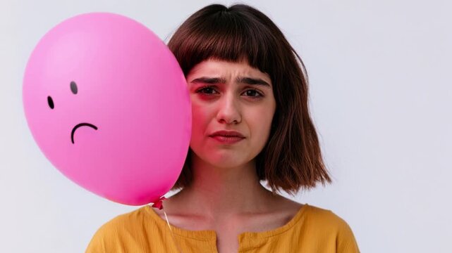 Young woman hiding face behind pink balloon with sad face drawing sticks her head out from behind with sad expression