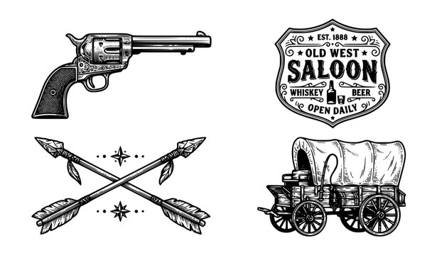 Western cowboy icon set vector illustration revolver saloon arrow covered wagon heritage design