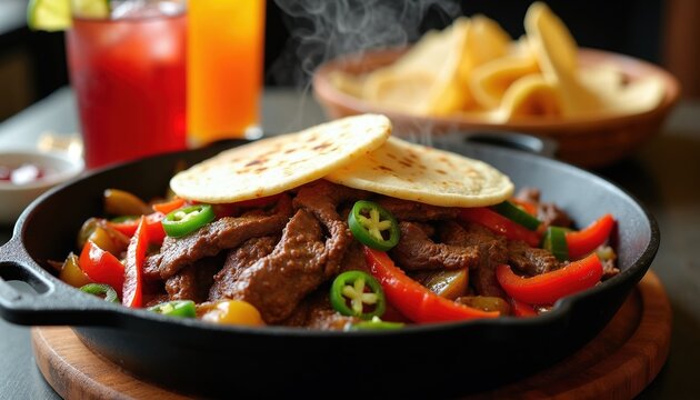 Hot sizzling beef fajitas with bell peppers and jalapenos served in cast iron skillet with tortillas. Steam rises from meal with side of chips and drinks.
