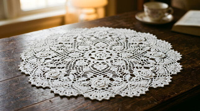 Vintage crochet doily on dark wood table with tea cup and open book