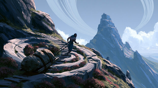 Lone figure pulls stone sled up spiral mountain path, muscles straining on uphill ascent toward ancient peak