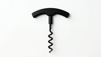Obraz premium Black T-handle corkscrew isolated on white background. Tool for opening wine bottles. Simple object, clean design for bars restaurants or home.
