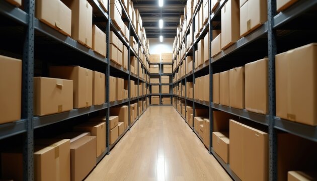 Long warehouse corridor lined with shelves packed with cardboard boxes. Orderly storage facility with neat stacks of goods. Dim overhead light illuminates narrow aisle, perfect for logistics,