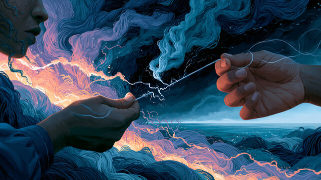 Hand holding a silver thread through a stormy sky and wind toward a clear horizon as a sign of hope and resilience amid chaos and rain