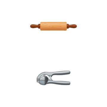 Kitchen tools wooden rolling pin and metal nutcracker for cooking and baking