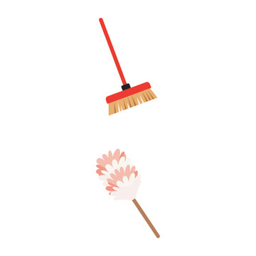 Essential cleaning equipment flat design illustration of a broom and a feather duster
