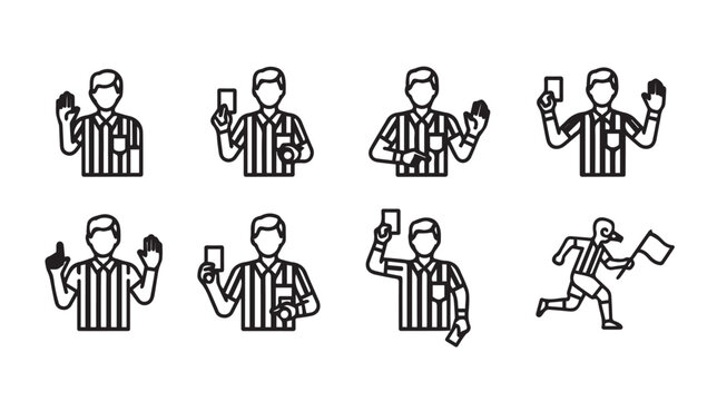 Soccer referee displaying cards and signals in a clean graphic style on a white background
