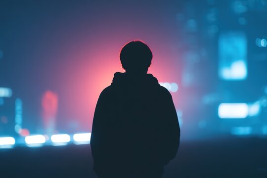 Silhouette of lonely person in hoodie standing back against neon lights of foggy night city in blue pink lighting