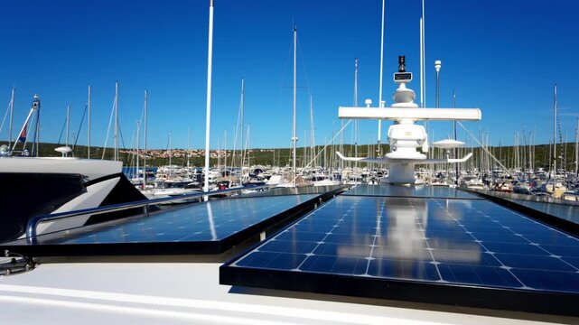 Horizontal close up footage of photovoltaic solar panels mounted on a luxury boat in a marina, producing clean renewable energy under bright summer sunlight.