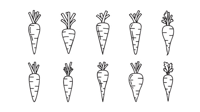Ten Hand Drawn Carrot Illustrations with Green Tops Against White Background Simple Style
