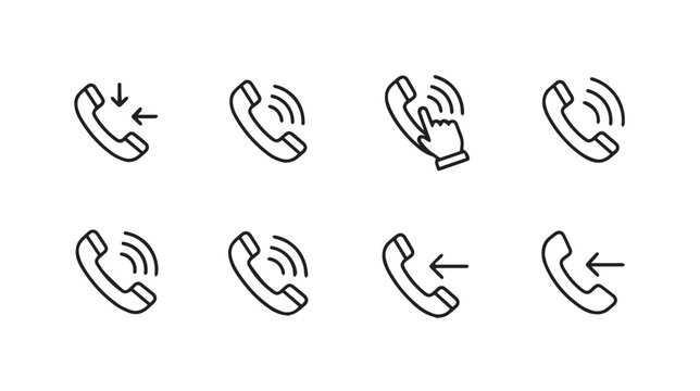 Telephone handset icons showing incoming calls outgoing calls and answering with minimalist line art