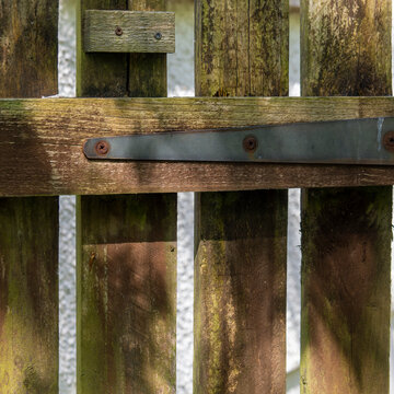 Weathered wooden fence with metal hinge