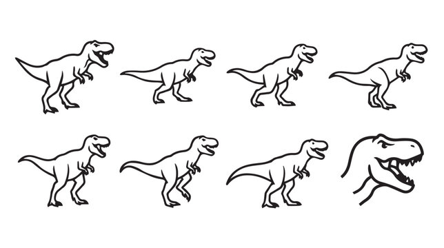 Tyrannosaurus Rex dinosaur figures in a line with a close-up head study on white background simple vector art