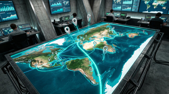 Technicians monitoring global shipping routes on an interactive map display in a modern high tech control room