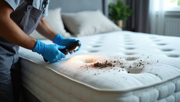 Pest control worker uses flashlight to inspect mattress for bugs and dirt. Technician checks for infestation in bedroom. Sanitation expert examines home for problems. Expert service for clean bedding.
