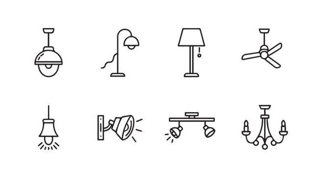 Various clean line art icons of home lighting fixtures in a grid arrangement on a white background
