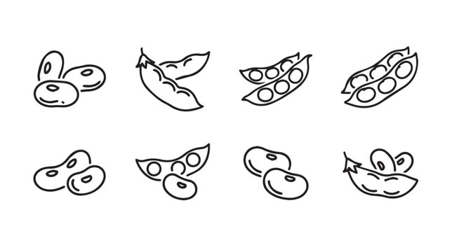 Various edible beans and pods in simple line art on a white background for healthy eating concepts
