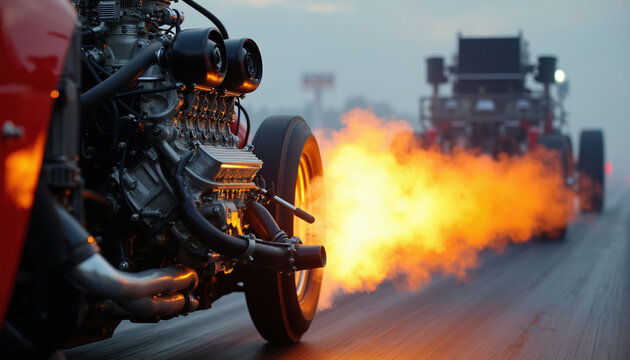 Powerful drag car engine with flames erupting from exhaust pipe. Race car accelerates on track at speed. Motorsport competition with burning fuel, intense heat. Fast vehicle on blurred asphalt road.