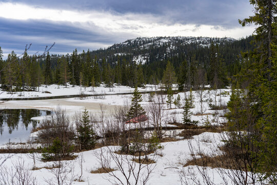 Amazing view of Norwegian mountains. Stunning landscape with traditional wooden houses and snowing tops on the horizon.