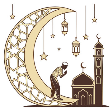 eid moon gate vector design with praying man and mosque