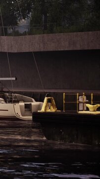A beautiful sailboat floats quietly beside a yellow dock in the soft light of dusk. Shadows stretch across the water, creating a peaceful atmosphere in this serene location.